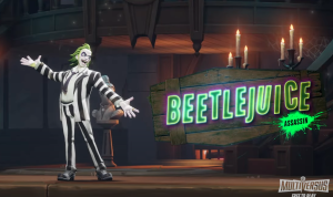 title card introducing Beetlejuice (in his animated form) for Multiversus. He's wearing his trademark black and white suit